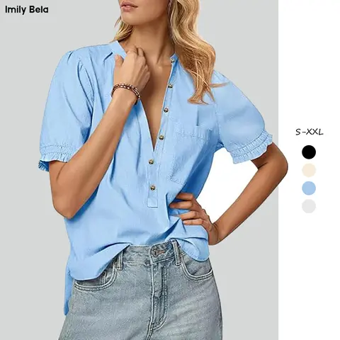 TikTok Office Aesthetic Blouse - Puff Sleeve Collared Shirt with Half Button Detail | Summer Work Top