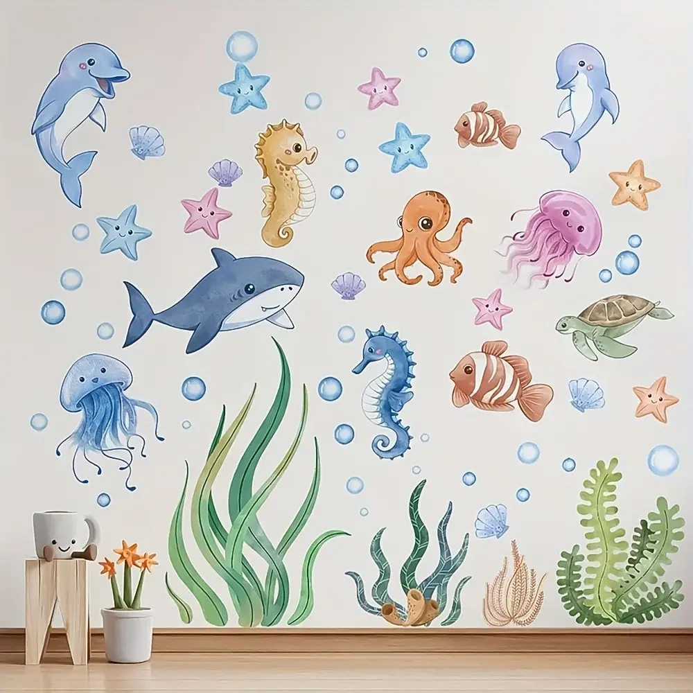 Creative Shark Whale Seaweed Wall Stickers, Self-Adhesive Waterproof Removable PVC Bathroom Home Decor, Set of 2, Wall Art Stickers