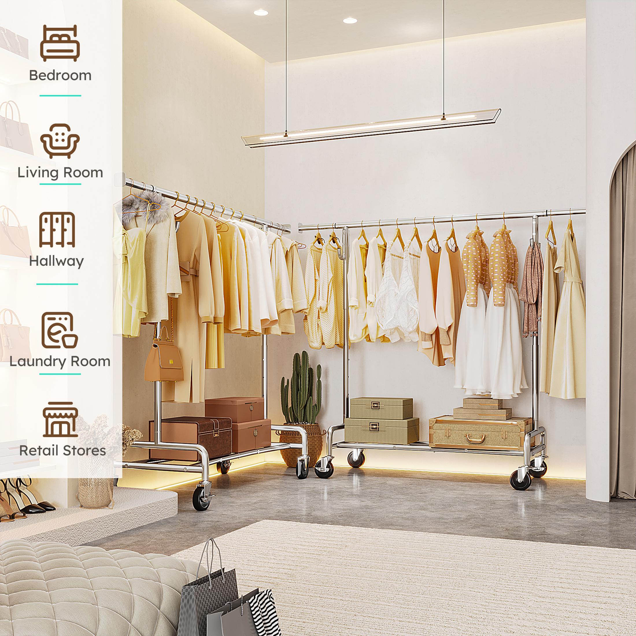 BePatio Clothing Rack for Drying,  Extendable & Height Adjustable Coat Clothing Rack with 4 Hooks for  Bedroom,Laundry,Outdoor,Clothing Store, Clothes Racks for Closet Holds Up to 220LBS,Portable Rolling Garment Rack with Lockable Wheels