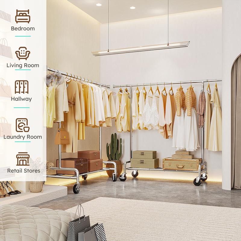 BePatio Clothing Rack for Drying,  Extendable & Height Adjustable Coat Clothing Rack with 4 Hooks for  Bedroom,Laundry,Outdoor,Clothing Store, Clothes Racks for Closet Holds Up to 220LBS,Portable Rolling Garment Rack with Lockable Wheels