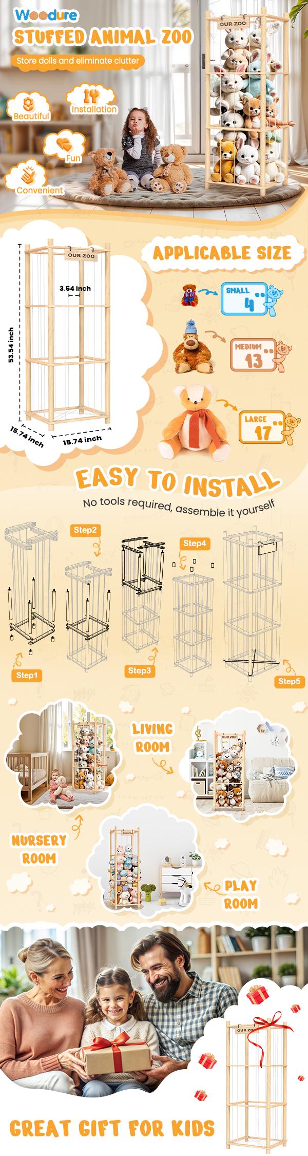 WOODURE Stuffed Animal Storage & Organizer - Wooden Cute Zoo Toy Holder for Toddler Rooms, Playrooms & Bedrooms