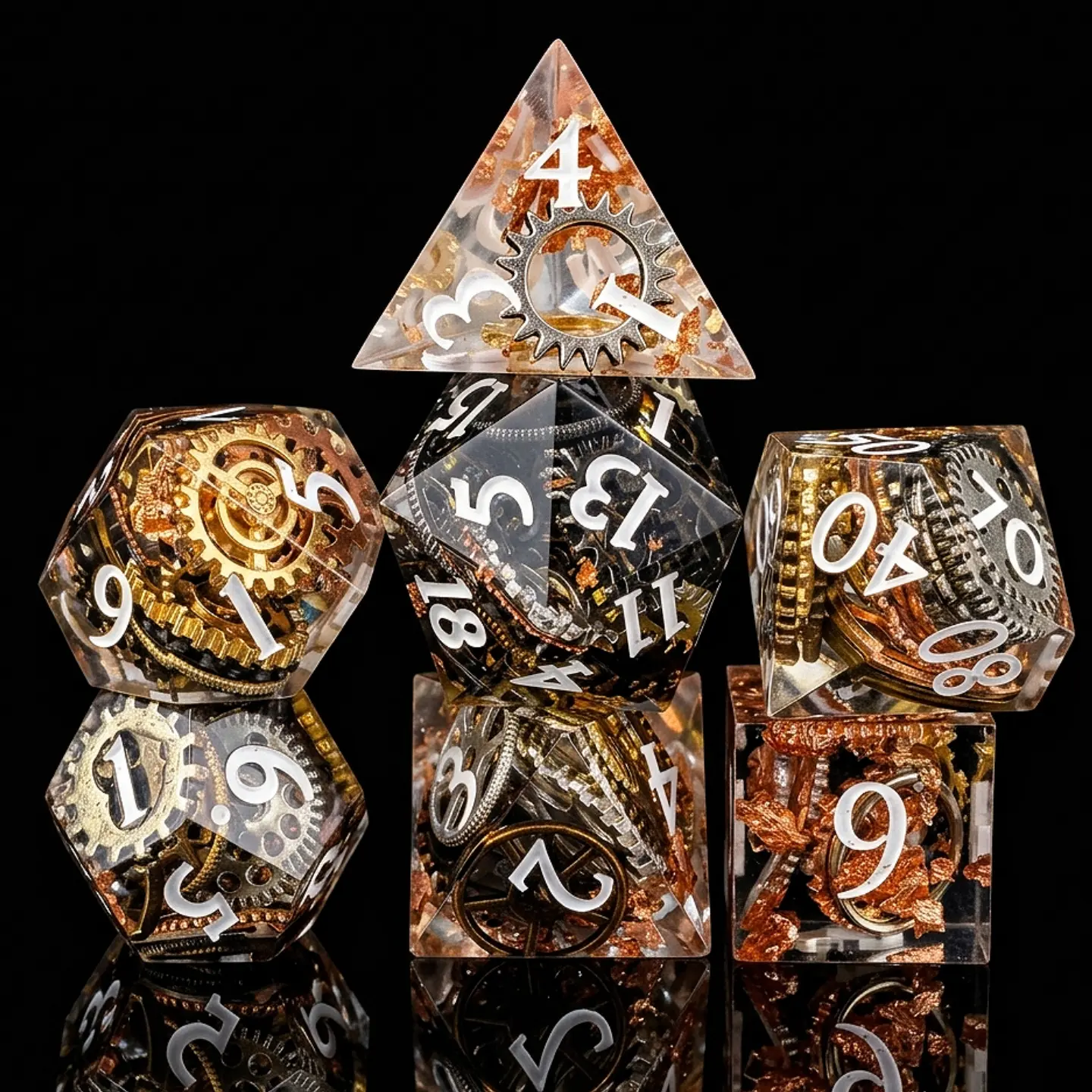 Steampunk Gear Resin Dice Set, Polyhedral RPG Dice with Embedded Clockwork Gears, Glitter Sharp Edge Dice for DND Tabletop Games