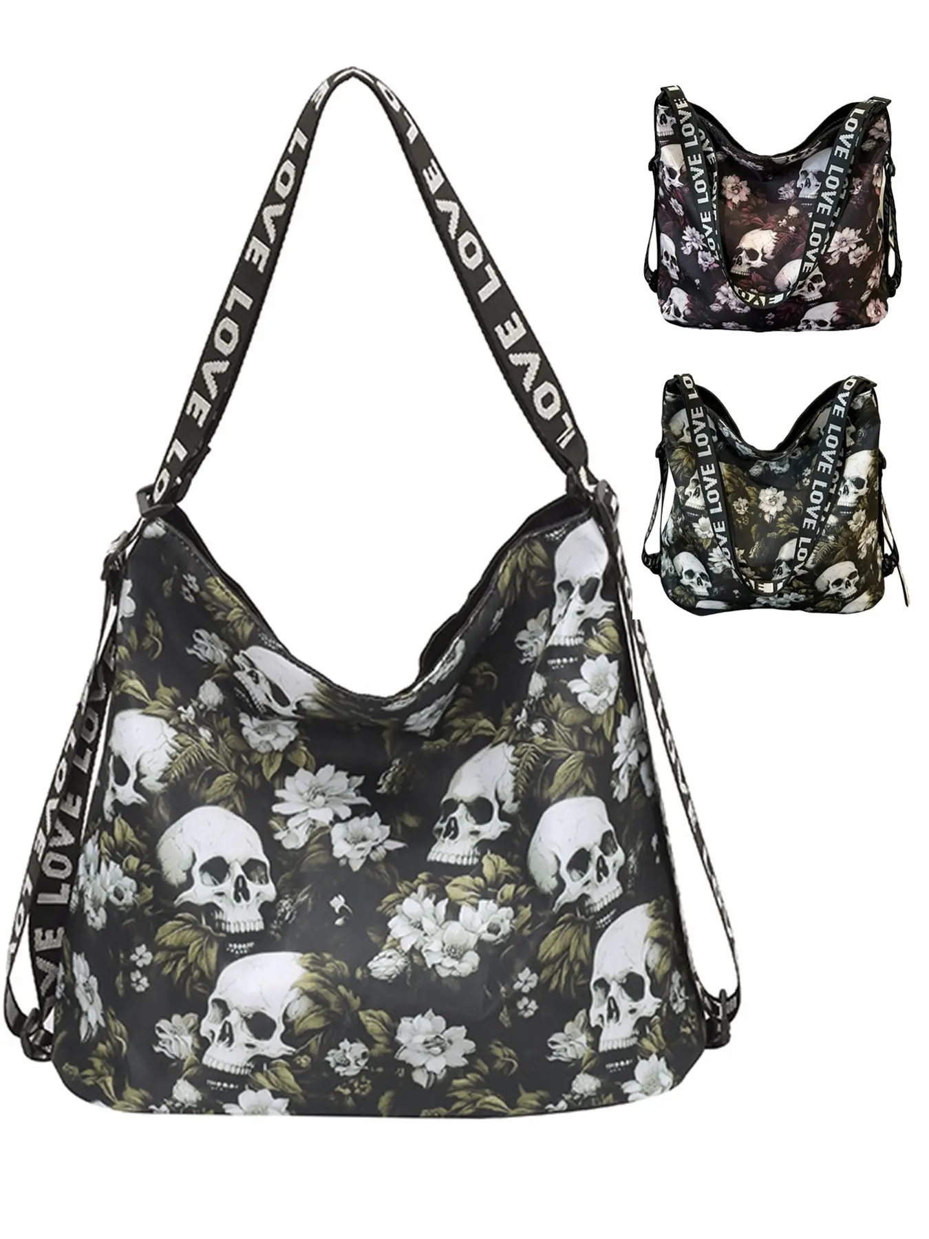 Vintage Skull Pattern Women's Tote Bag, Large Capacity Shopping Shoulder Backpack, Street Style Travel Bag, All Seasons Use, Fashion Patterned Bag