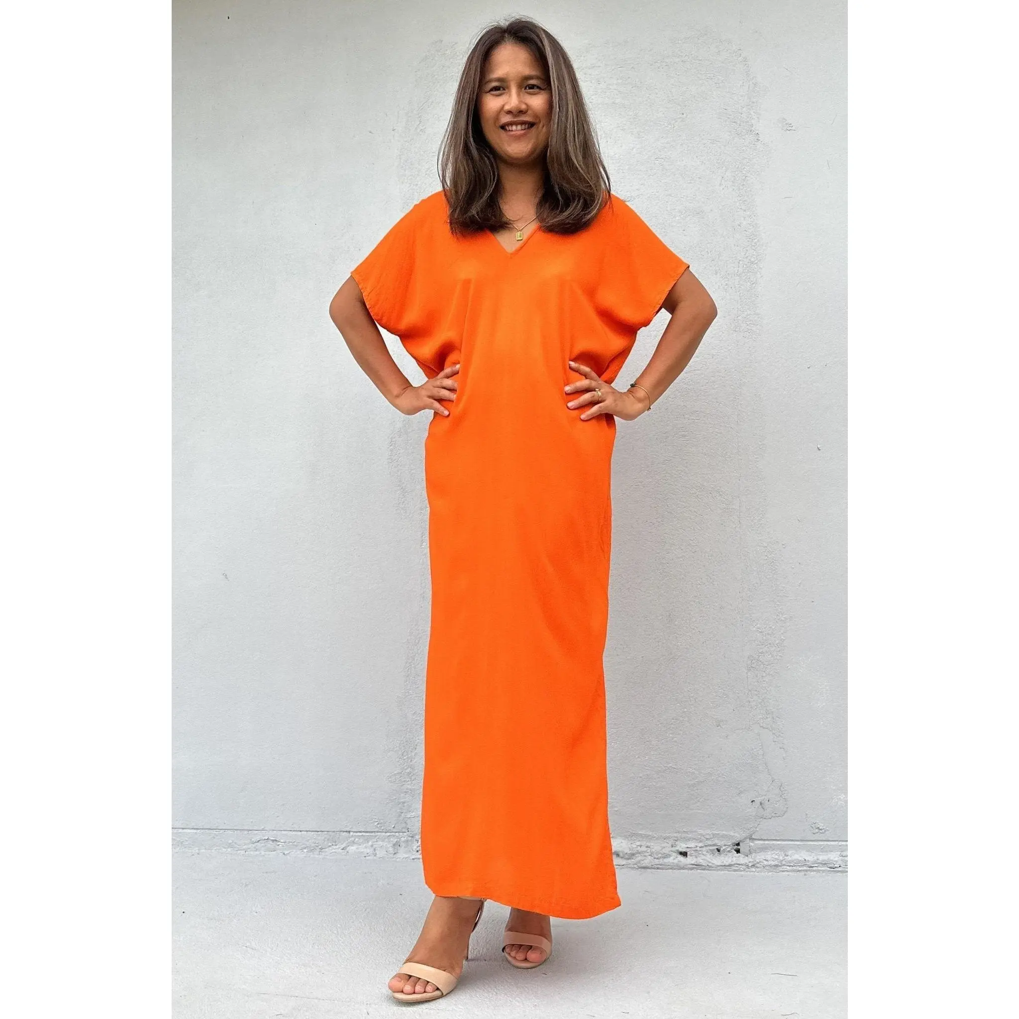 Women's Petite Solid Tangerine Rayon Casual Kaftan Dress - 24" Width, Flowing Drape, Casual Wear, Fabric, Plain, Smooth Draping, Clothes, Basic