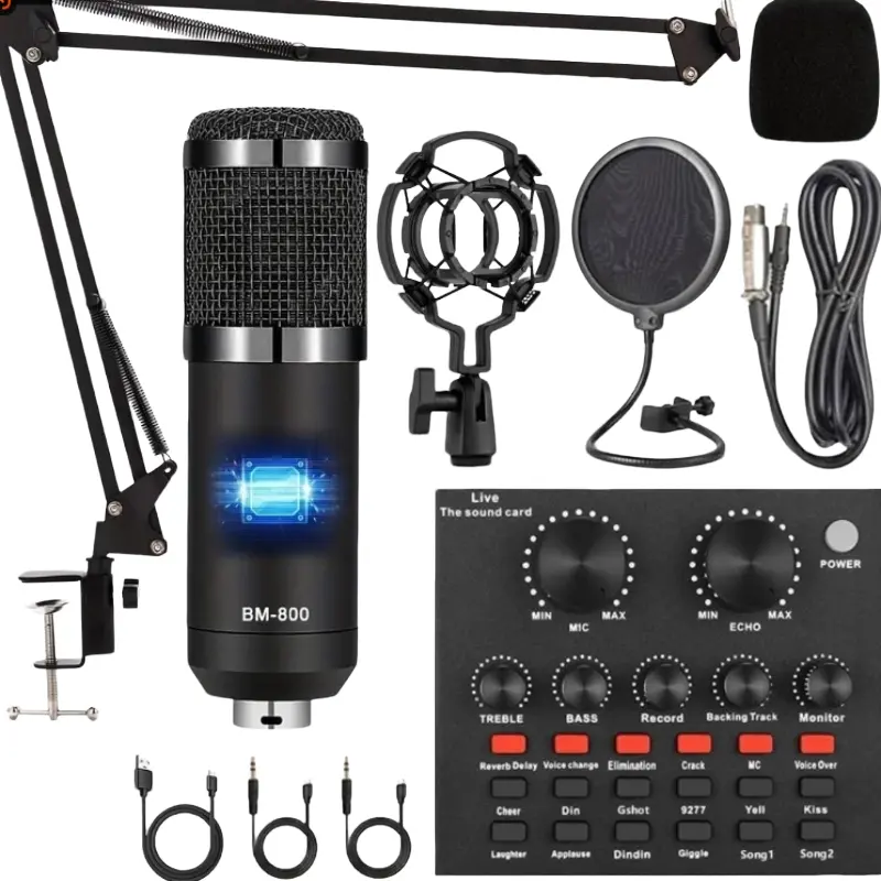 BM800 Podcast Microphone Bundle, USB Rechargeable Condenser Studio Microphone with V8 Sound Card, Professional Audio Equipment for Laptop Computer Vlog Live Streaming, Recording, Wired Recording, Accessory, USB Audio Interface