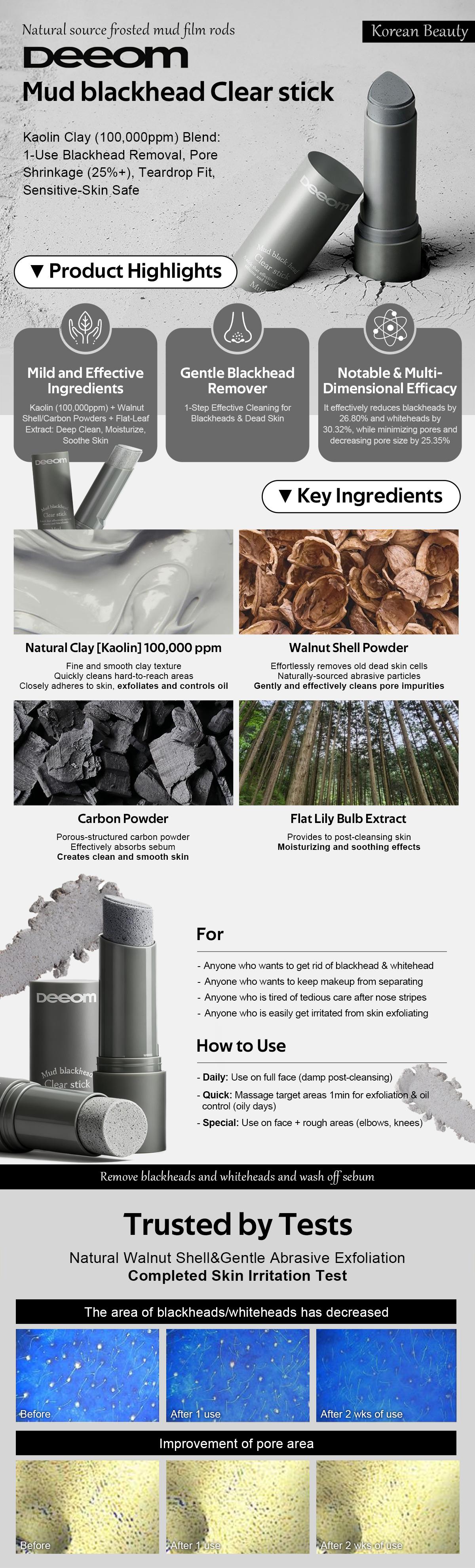 Deeom Korean Pore & Blackhead Stick for Oily & Combination Skin Deep Cleansing Gentle Exfoliation Soothing Hydration with Kaolin Clay Charcoal & Walnut Shell Powder Complex Specialized Blackhead Care - Moisturizer