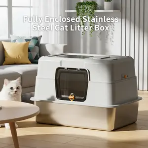 Fully Enclosed Stainless Steel Cat Litter Box 23.6in x 15.75in x 15.75in with Front Door & Top Entry for All Cat Sizes Non-Stick Tray Odor-Locking Design black friday special pet