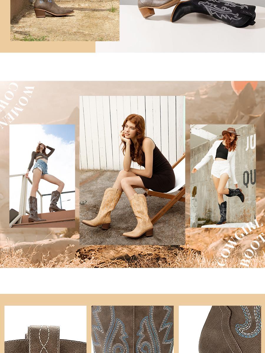 Athlefit Women's Embroidered Western Cowboy Boots Fashion Pointed Toe Chunky Heel Mid Calf Cowgirl Boots Walking Shoes Footwear Black Bathroom SpringStatements