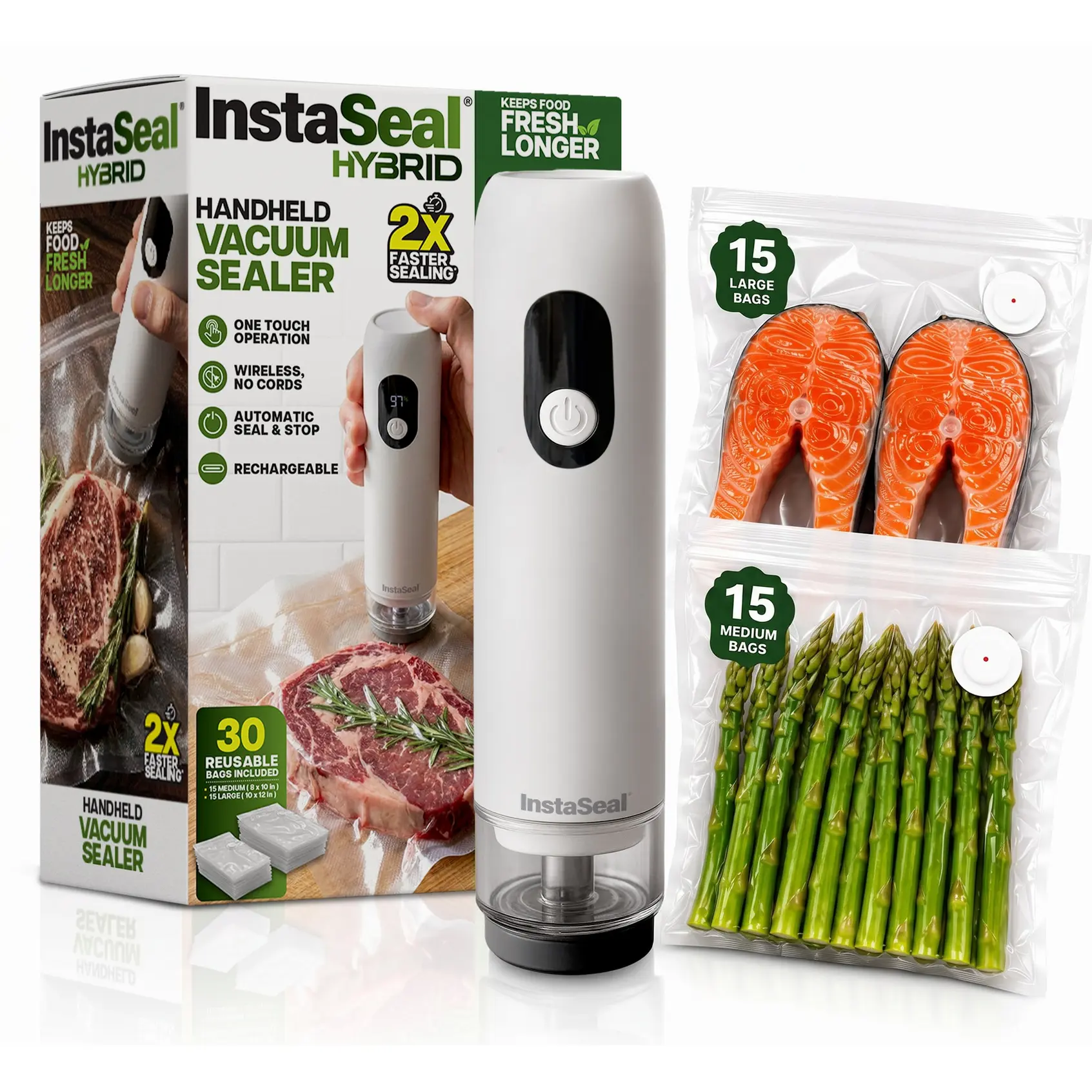 InstaSeal Hybrid Handheld Vacuum Sealer – Rechargeable Portable Food Vacuum Sealer with 30 Reusable BPA-Free Bags, USB-C Charging & Smart Auto Seal