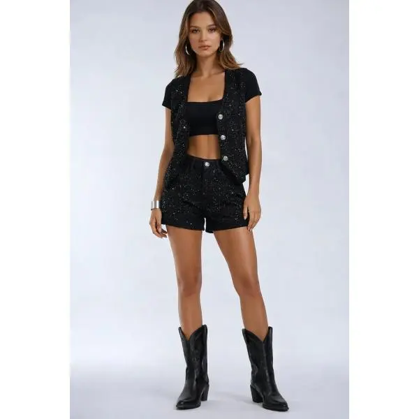 Forever 21 Stretch Denim Shorts with Rhinestones/Forever 21 Sparkly Rhinestone Denim Shorts - Bling High Waisted Stretch Jean Shorts - Y2K Night Out Party Wear Bottoms - Glam Festival & Concert Outfit Matching Cowgirl