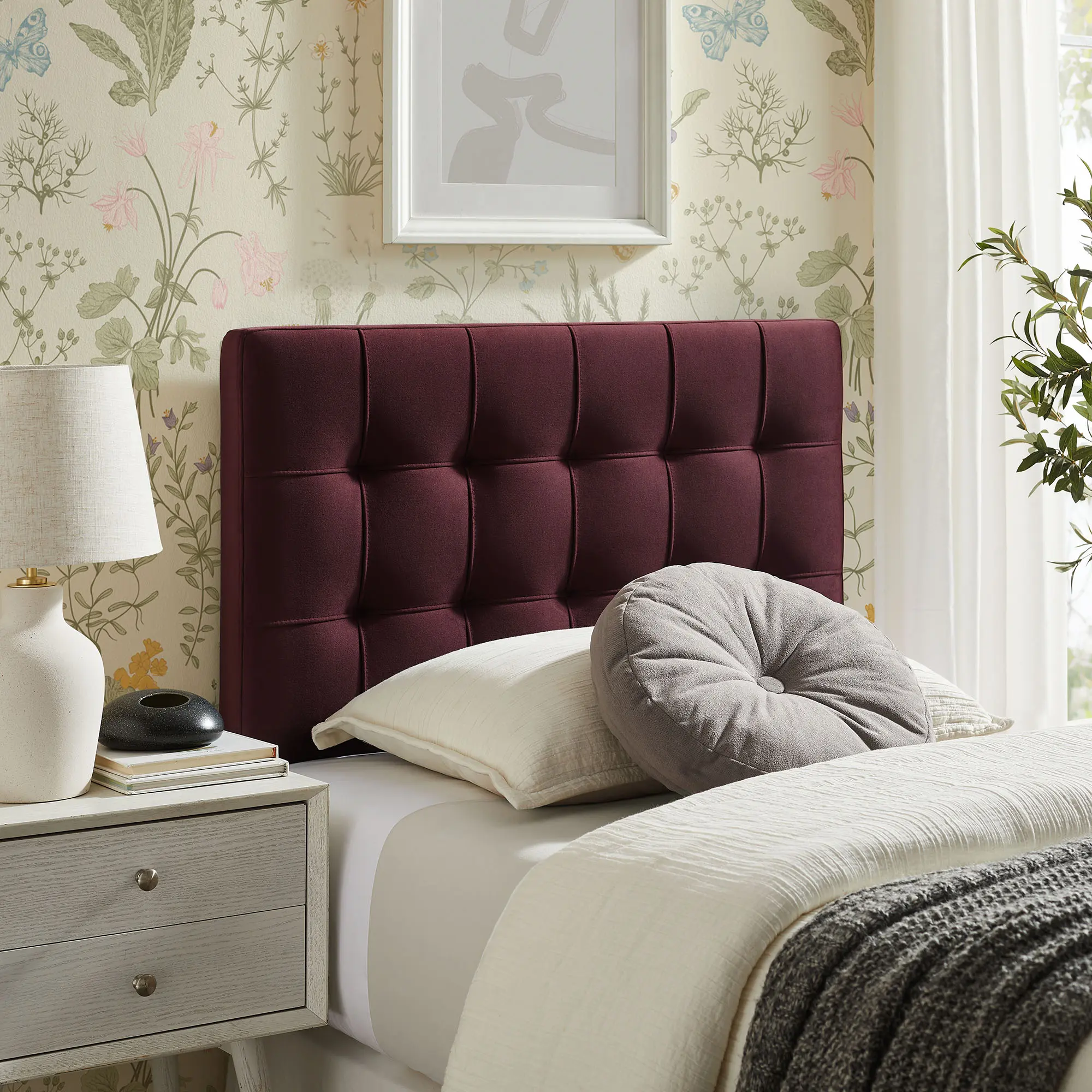 Modway Lily Upholstered Headboard - Mulberry Stain-Resistant Performance Velvet, Twin Size, 5-Heights Adjustable, Biscuit Tufts, Velvet Wrap, Ideal for Dorm Rooms