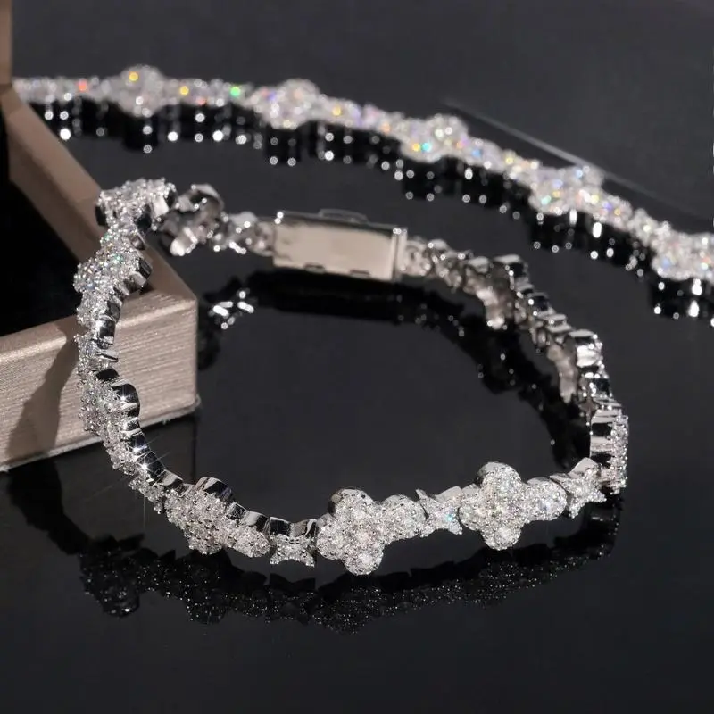 10mm Moissanite-like material Clover Bracelet , Iced Out for Men & Women| Hip Hop Jewelry with Cross & Star Design