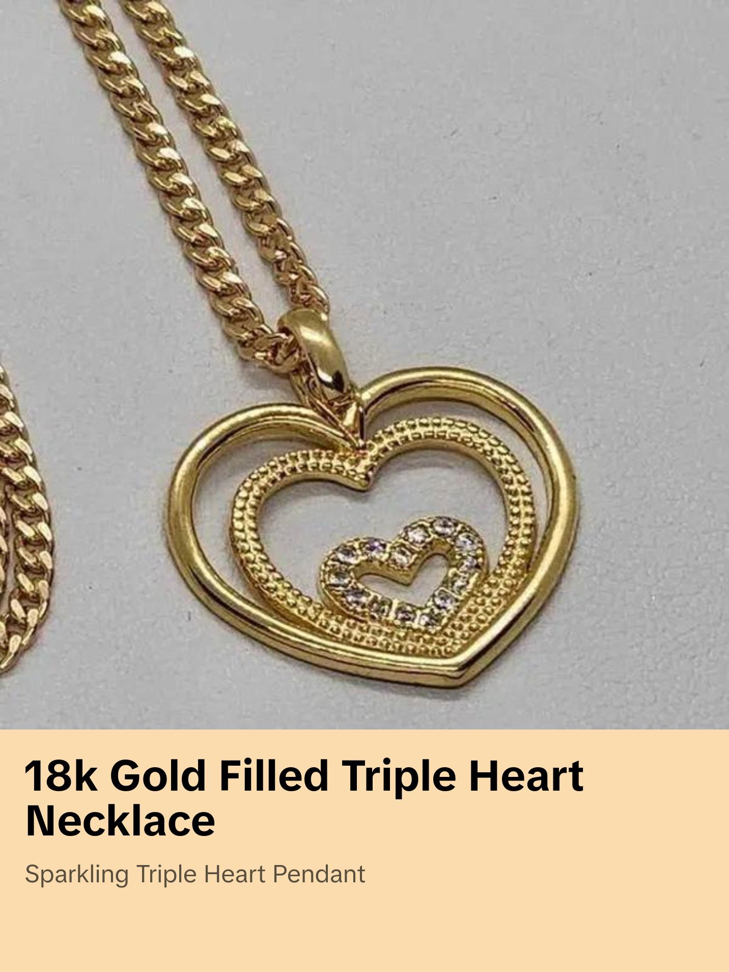 Brand New Brazilian 18k Gold Filled Triple Heart Necklace with Cubic Zirconia Stones for Adults Durable and Easy to Care For Free Jewelry Bag Included
