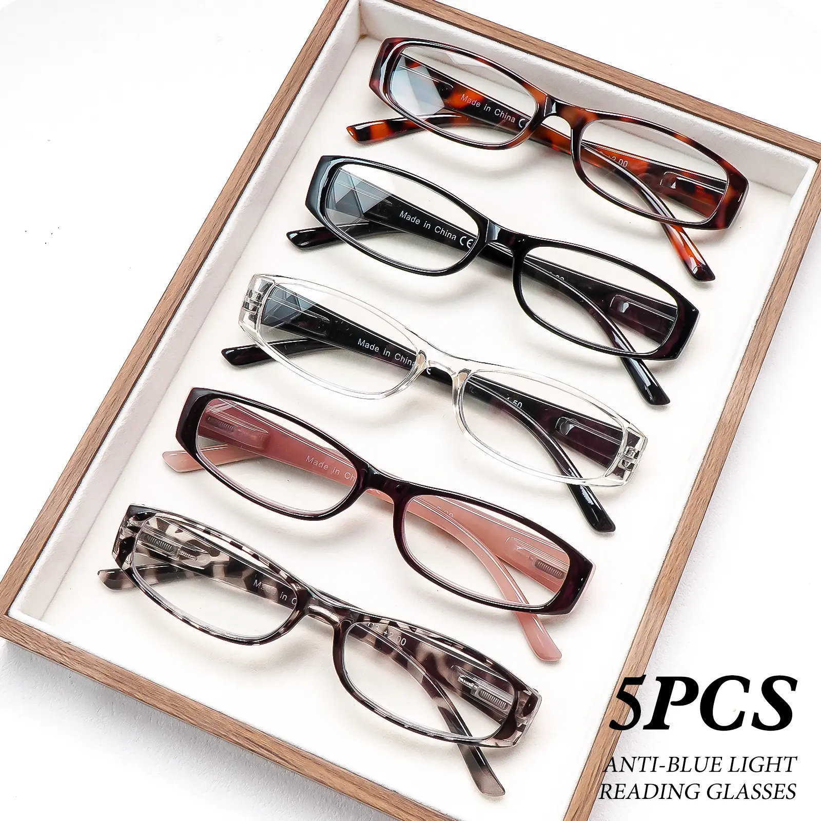 5 Pack Blue Light Blocking Reading Glasses for Women, Slim Rectangle Frame Fashion Eyewear, Lightweight Spring Hinge Computer Readers