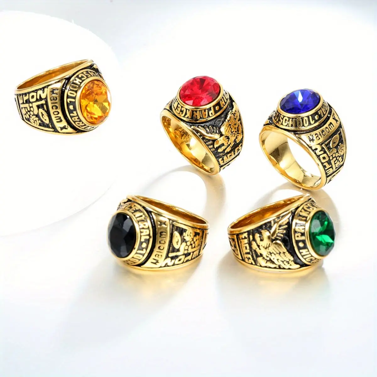 Men's Stackable Ring in Stainless Steel, Retro Hip-Hop Oval Eagle Motif with Emerald Leaf, Double Row Band, Double Row Ring, Stainless Steel Rings