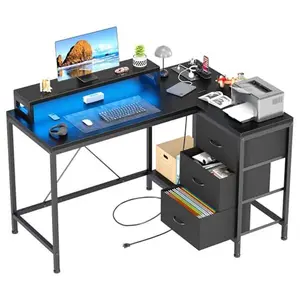 43 Inch Computer Desk, l Shaped Desk with Power Outlets and Led Lights, 3-Drawer Gaming Desk with Storage Shelves and Monitor Stand, Reversible Home Office Desk for Study, Working, Black
