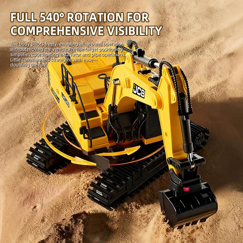 Remote-controlled excavator toy with 3 interchangeable attachments: drill, grabber, and digging hook. Features sound effects and lights for realistic operation. Perfect for boys, girls, and adults alike. Ideal Christmas gift.