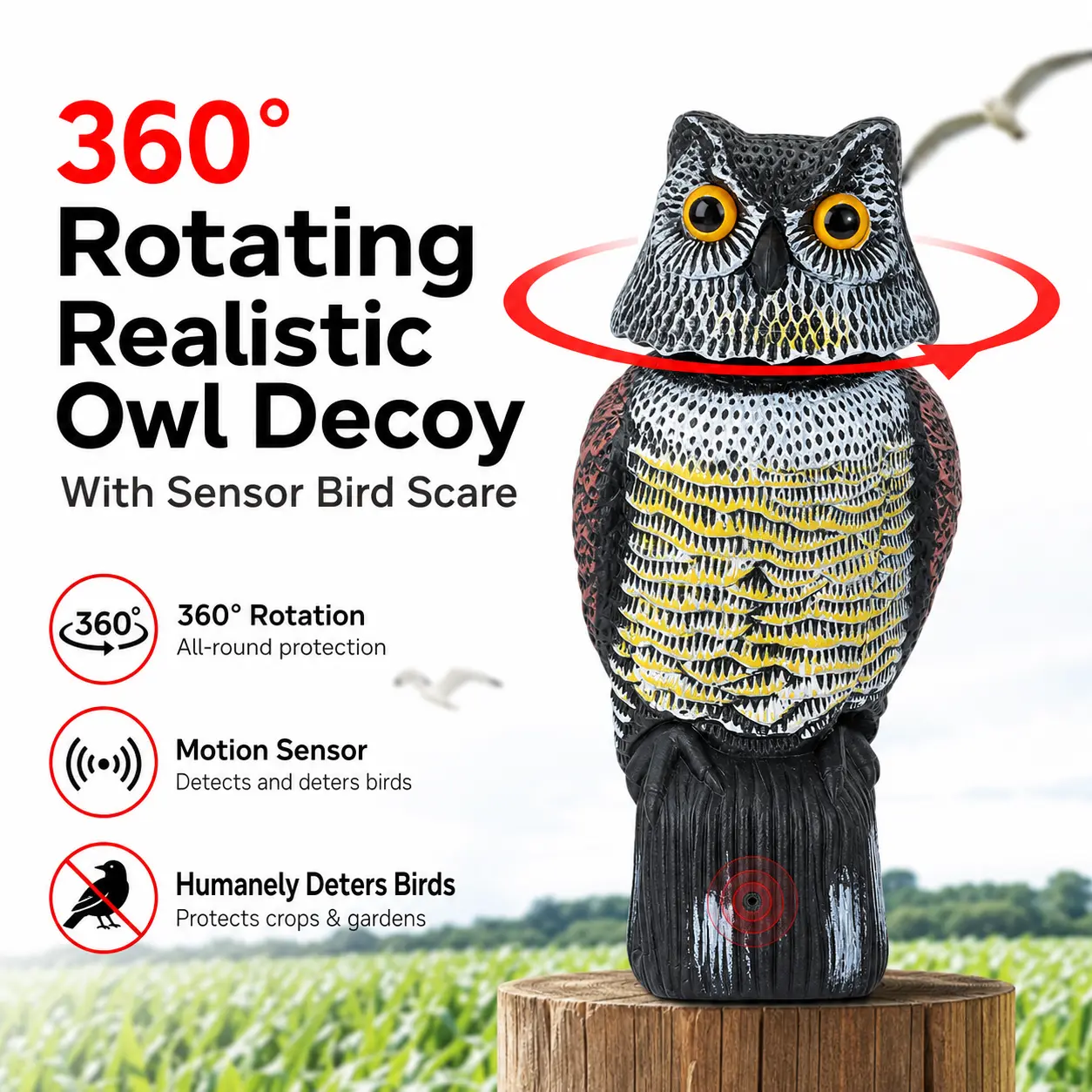 360° Rotating Realistic Owl Decoy, Motion Sensor Bird Deterrent Statue - Outdoor Garden Yard Casual Animal Pest Repellent for Plant Protection