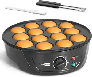 Non Stick Mini Pancakes Maker Machine, Electric Poffertjes Pan with Browning Control, Small Ebelskiver Aebleskiver Pan, Dutch Mini Pancake Maker, with Brush & Forks, 14 Slots, Black
