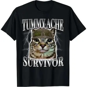 Humorous Cat Meme T Shirt Featuring Tummy Ache Survivor Cool Cat Graphic