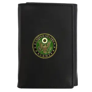 Officially Licensed "US ARMY" Medallion Genuine Leather Classic Handmade Wallet - Trifold Black
