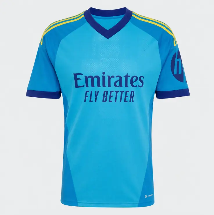 [FULL LOGO] - REAL 2026/27 Goalkeeper Away Soccer Jersey | Unisex Blue Football Shirt with Yellow Stripes - Personalized on Request