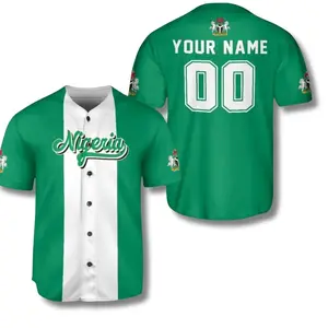 Nigeria Flag Baseball Jersey in Green and White Stripes with Coat of Arms Sleeves 8A