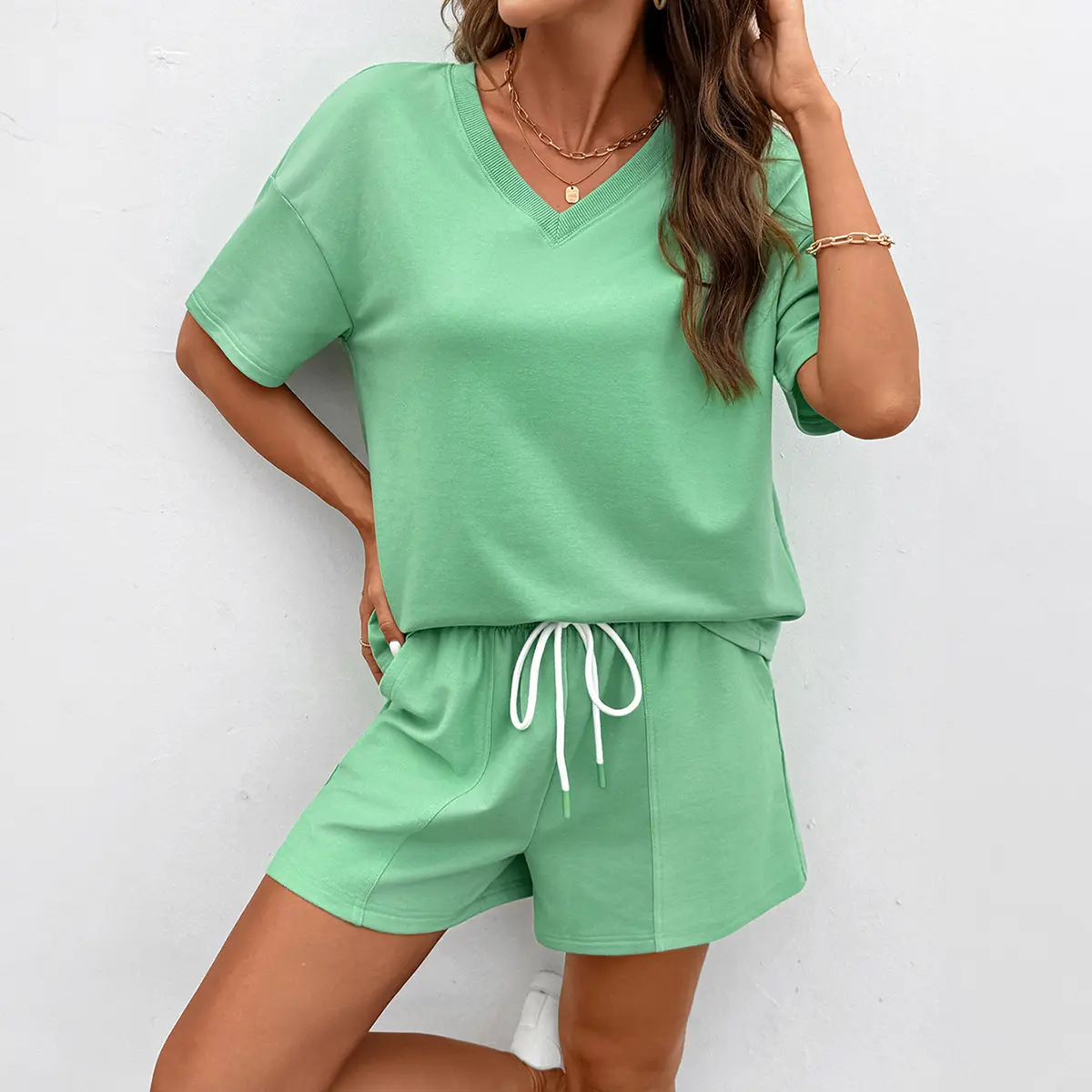 Shewin Women's 2-Piece Casual Fashion Set, Ribbed Knit Shortsleeve V-Neck Top & Drawstring Elastic Waistband Shorts, Stretchy Cotton Blend Durable Fabric Loungewear, Basic, Women's Clothes, Daily Wear
