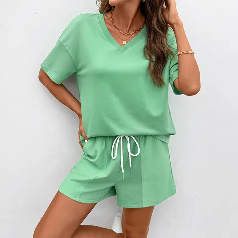 Shewin Women's 2-Piece Basic Lady Pajama Set - Ribbed Knit Short-Sleeve V-Neck Top & Drawstring High-Waisted Above-Knee Shorts, 35% Stretch Move Cotton-Blend Durable Minimalist Daily Wear, Multi-Size, Low-Temp Dry