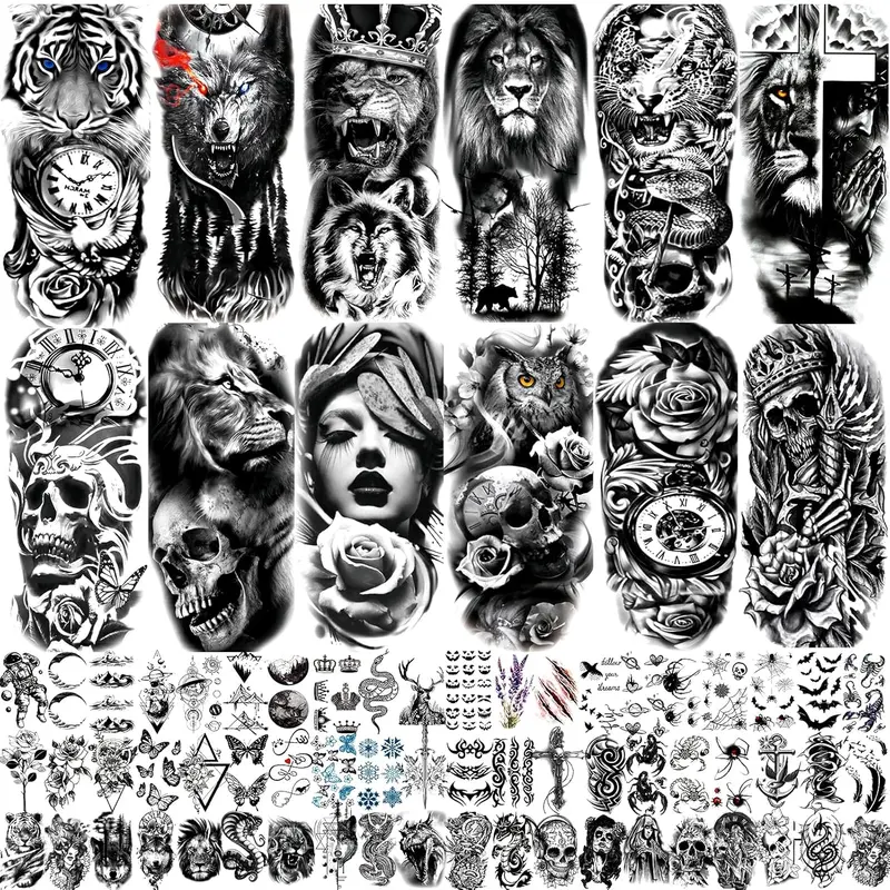 72 Sheets Temporary Tattoo for Men Women Adults, Include 12 Sheets Black 3D Half Sleeve Temporary Tattoos, Halloween Tattoos Scary Lion Wolf Tiger Skull Skeleton Tattoos Stickers Flower Water Proof Kit Long Lasting