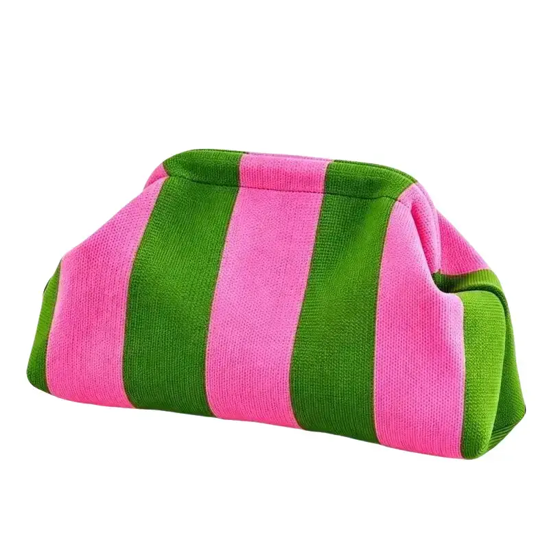 Women's Striped Knit Makeup Bag - Soft PU Fabric, Cute Look Snap Closure, Compact Pink Green Fashion Accessory, Spacious Clamshell Design, Lightweight Mini Travel Product Pouch for Everyday Travel