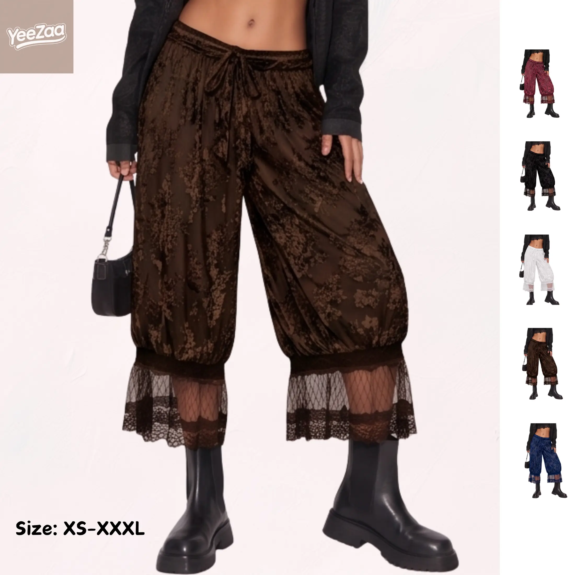 YeeZaa Lace Velvet Bloomer Pants for Women Capri Yoga Pants Y2k Elastic Waist Lace Patchwork Trouser Ruffle Long Going Out Streetwear Lightweight Flared Slips Pants Pajama Bottoms 2026 Spring Summer Fashion Forever Young Bloomer Pants