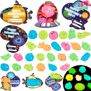 28 Packs Valentines Day Gift Cards with Mochi Squishy Toys, Glow in The Dark Mochis, Stress Relief Fidget Toys for Kids Valentine's Party Favors, Classroom Exchange School Prizes