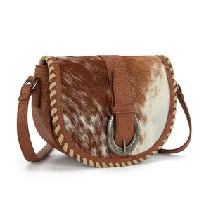 Trinity Ranch Western Unique Hair-On Cowhide Saddle Stitch Crossbody Bag