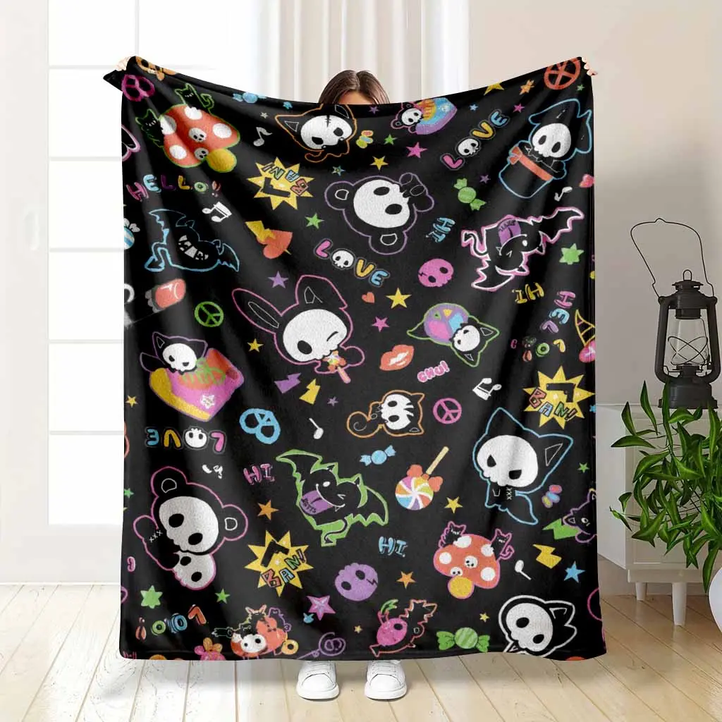 Gothic Kawaii Style Flannel Fleece Throw Blanket Neon Skull And Bat Print Pattern Ultra Soft Lightweight Cozy Warm Texture Perfect For Bedroom Living Room Sofa Couch Travel Camping Decor Enthusiasts Holiday Gifts Home Decor Aesthetic Bedding Accessory