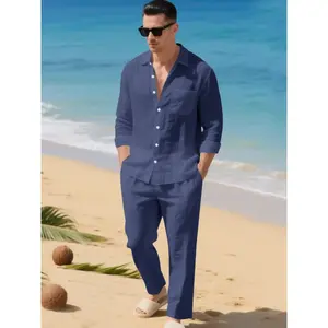 Men's High-Quality Linen Long Sleeve Pants Set, Perfect Beach Vacation, Fashionable Versatile Solid Color Comfortable Wear, Sizes S-3xl