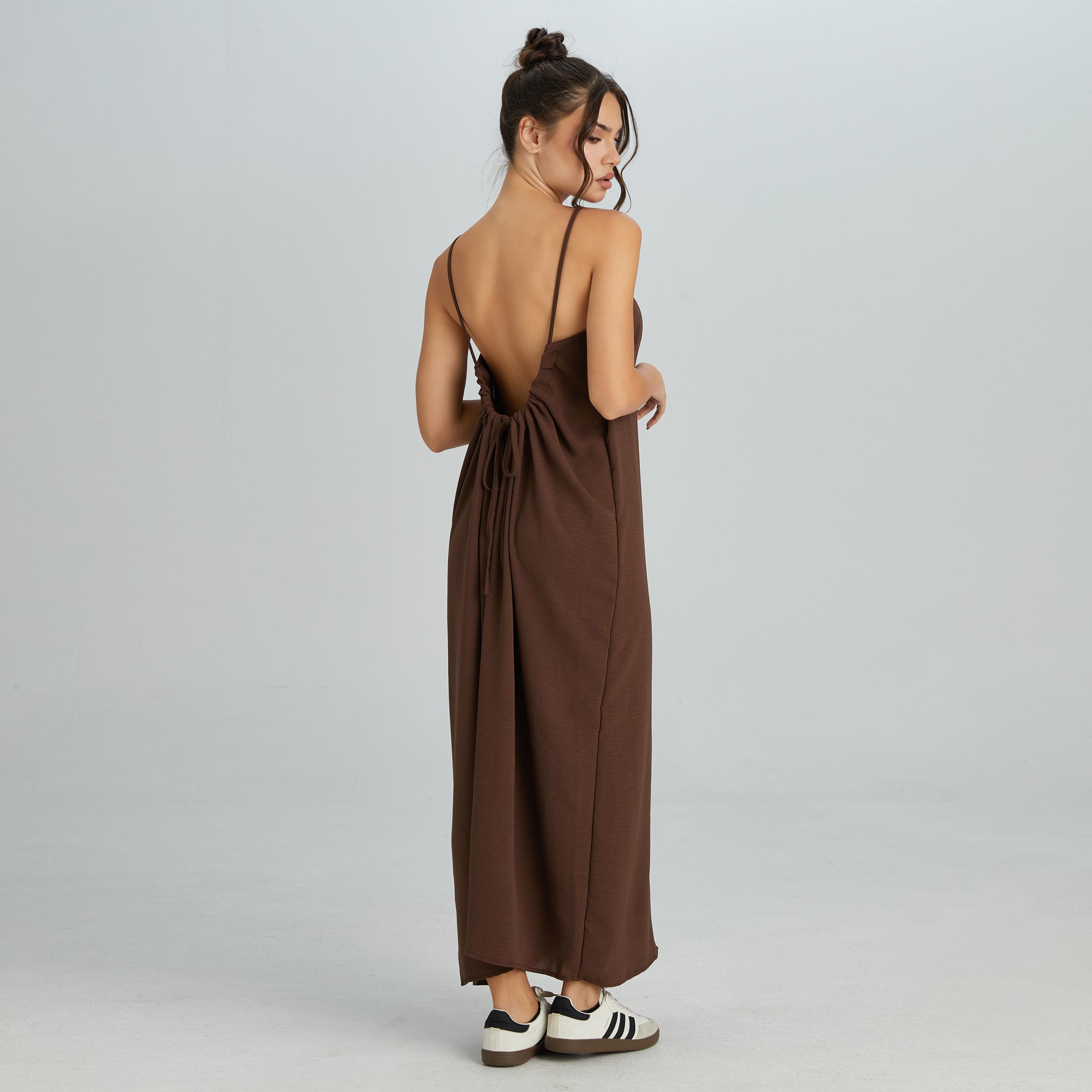 KatchMe Women's Breezy Solid Color Thin Strap Ruched Low Back Loose Maxi Dress, Elegant Adjustable Tie Backless Dress, Summer Sleeveless Women's Clothing for Beach