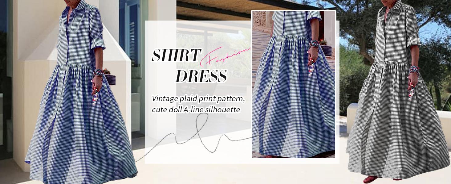 Chouyatou Women's Vintage Plaid Shirt Dress Loose Long-Sleeved Checkered A-Line Maxi Dress SpringStatements