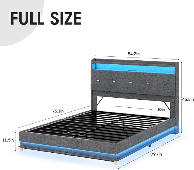 Vabches Lift Up Storage Bed Frame, Storage Headboard with Charging Station, LED Lights Upholstered Platform Bed, No Box Spring Needed, Noise-Free