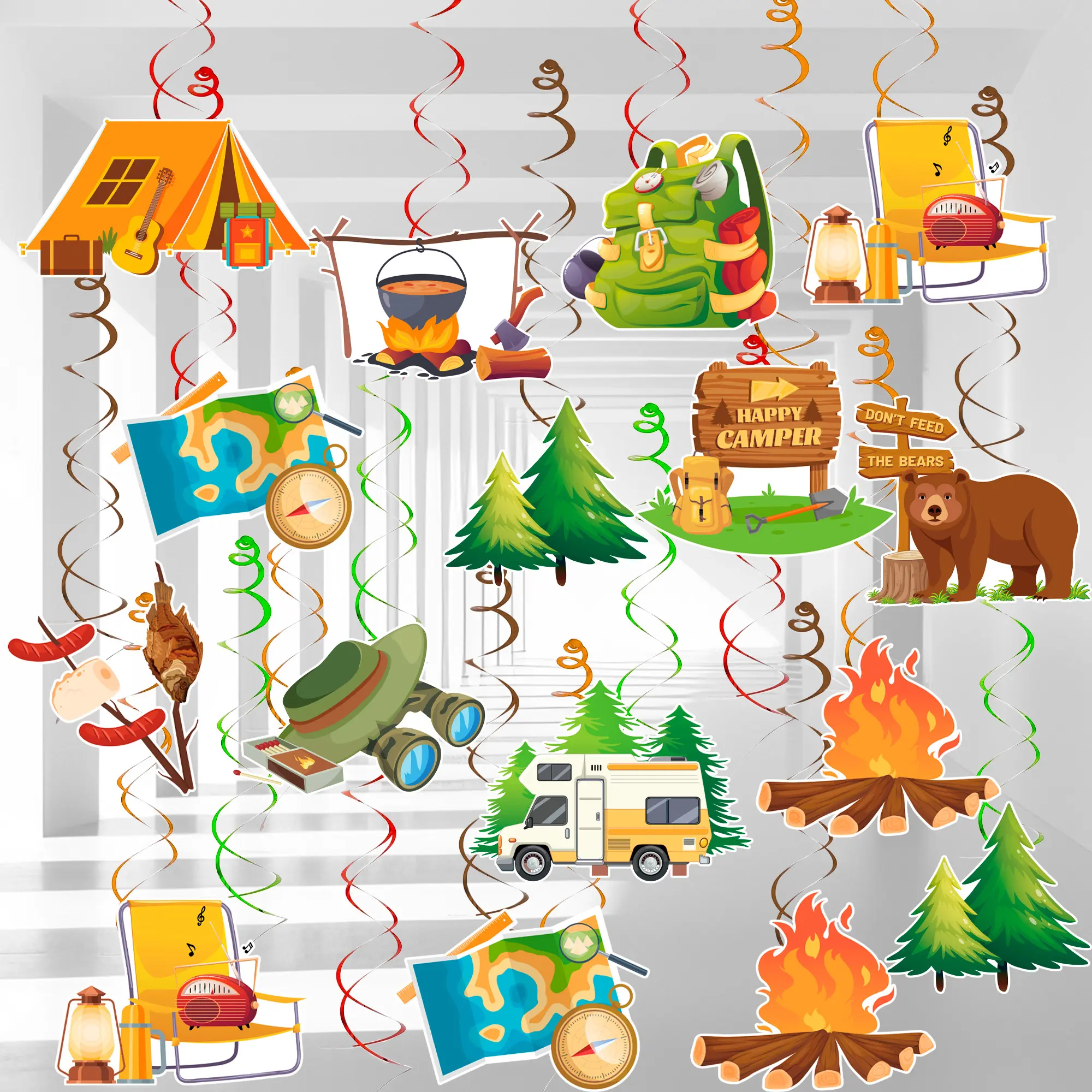 Camping Hanging Swirl Party Decorations, 32pcs Happy Camper Party Hanging Swirls, Camping Hanging Foil Swirl, Camping Foil Swirl Decorations for Camping Party Decorations or Camping Birthday Decorations