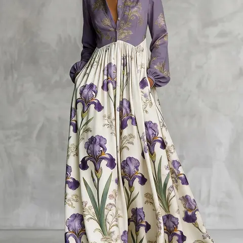 Women's Elegant Casual A-Line High Waisted Long Sleeve Contrast Color Flower Printed Stand Collar Maxi Dress