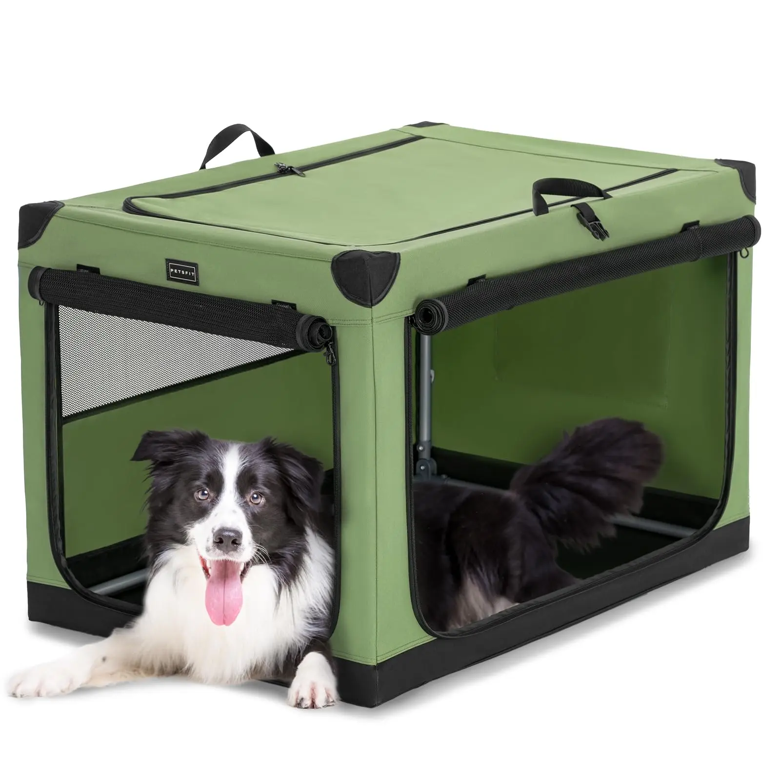 PETSFIT Collapsible Dog Crate - 40 Inch Green Soft Sided Kennel with Patented Adjustable Fabric Cover, Chewproof Lockable Mesh Doors, Waterproof Solid Base, Ventilation, Storage, Pocket, Zipper, Adjustable Fit, Chewproof Mesh