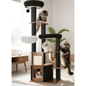 63" Modern Cat Tree Tower for Indoor Cats, Heavy Duty Cat Trees for Large Cat, Adult Maine Coon Cat Tree Tower with Scratching Post, Extra Large Top Perch, Cat Condos, Jet Black