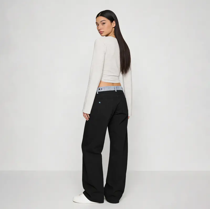 Pwest NYC Jodie Adjustable Low-Rise Loose-Barrel Leg Cotton Jeans - 2000s Y2K Minimalist Trendy Jeans, Adjustable Snap Buttons, Color-Blocked Waistband, Soft Daily Wear, Back to School