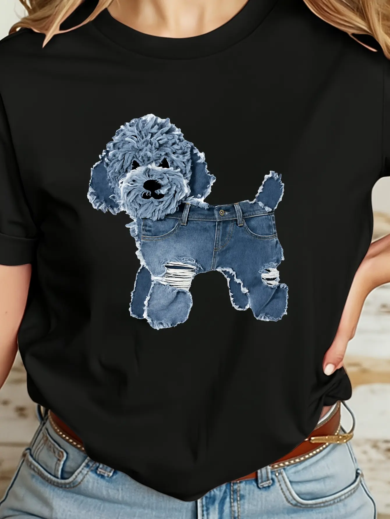 New Women's Casual Wear Denim T-Shirt - Shortsleeve Round Neck, Cotton Denim Fabric, Wear-Resistant, Comfortable, Washable, Cute Teddy Bear Print, Flattering Fit, Spring-Summer Style, Ideal for Daily Casual & Dates, Top, Tshirt, Lady, Cartoon Style, Washa