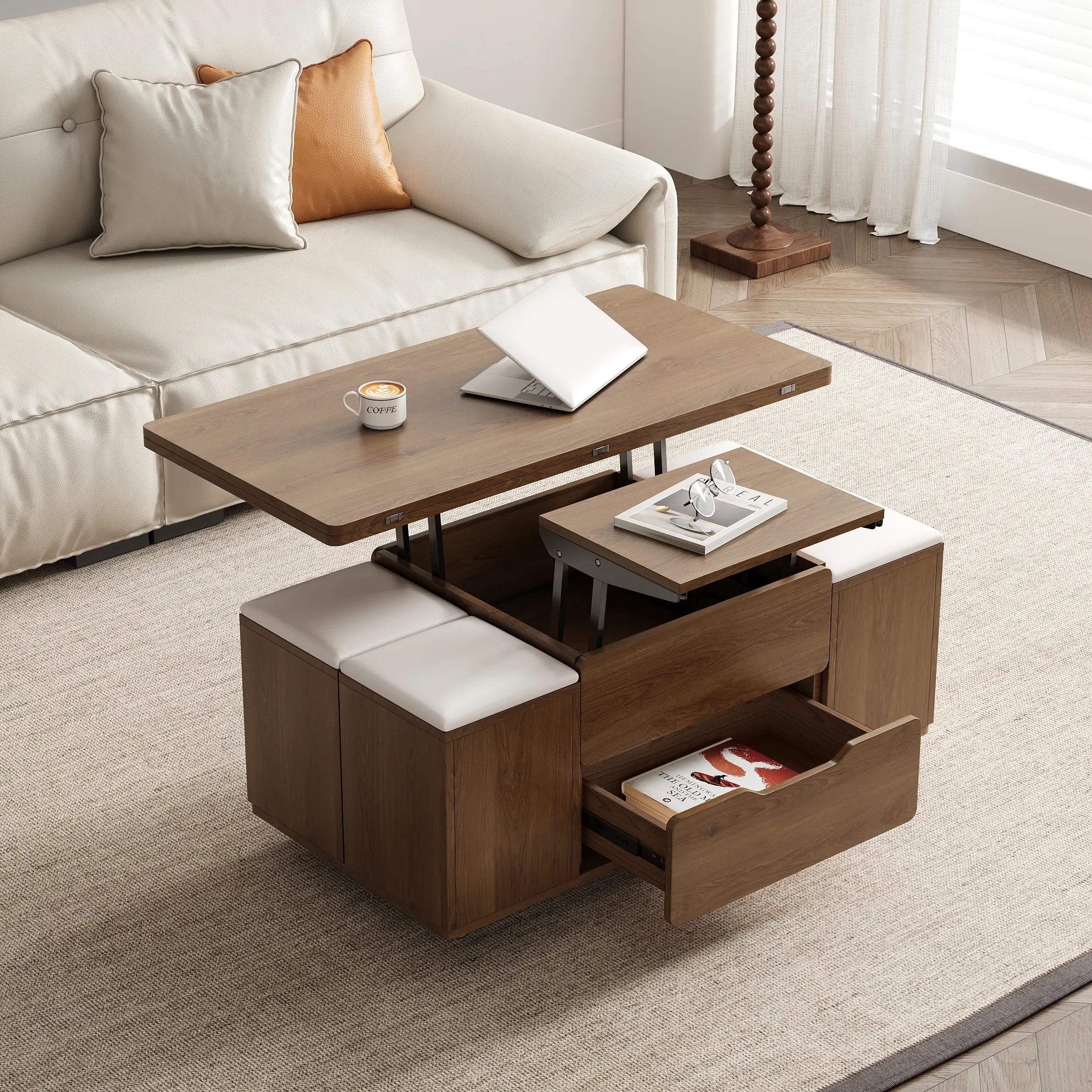 Homary 39" Modern Hydraulic Lift-Top Foldable Walnut Rectangular Coffee Table - Modern Accent Table, Fully Assembled, with Hidden Drawer Storage and 4 Included Stools, Rectangular Coffee Tables
