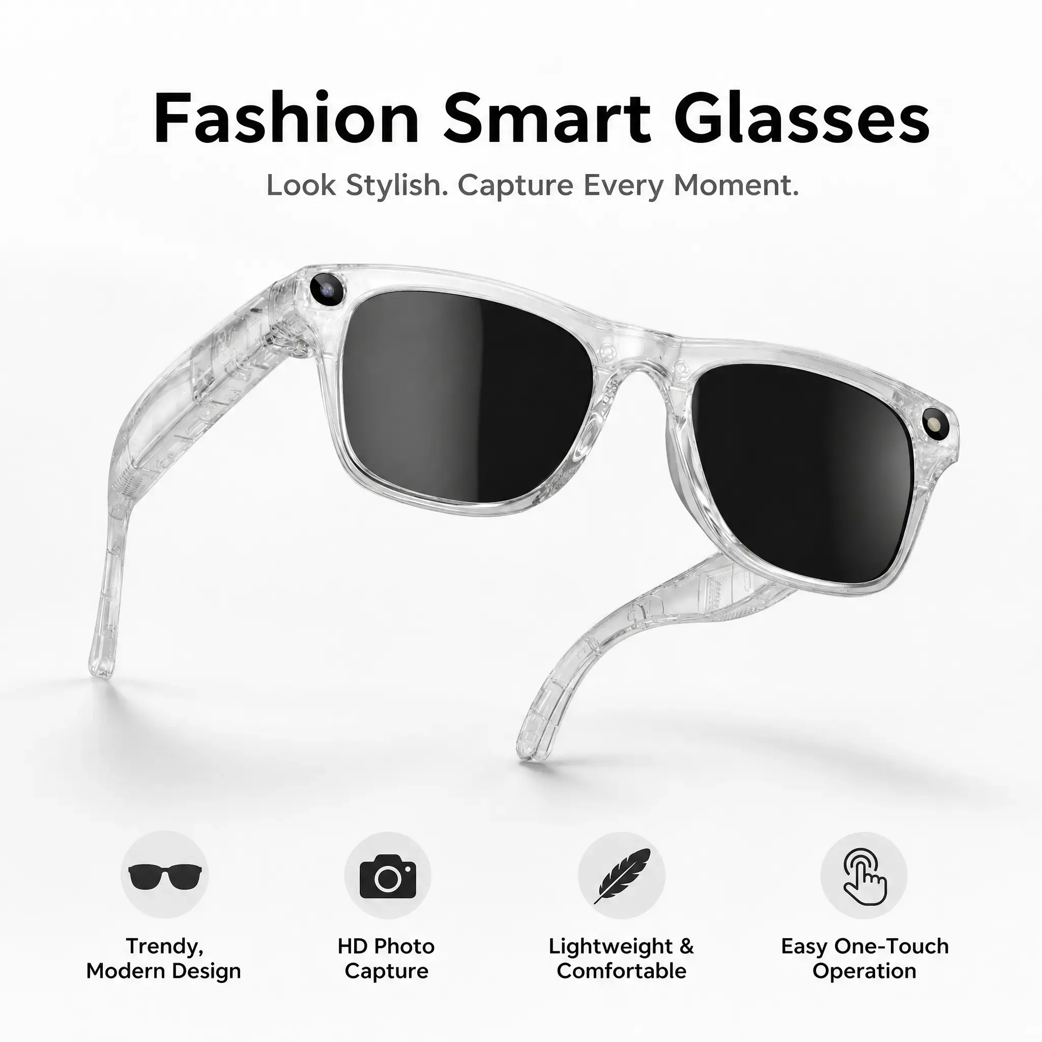 Smart AI Camera UV Protection Sunglasses - Bluetooth Wireless, Open Speakers, Music Playback, 260mAh Battery, Touch Button Controls, Real-Time Language Translation, Ideal for Travel, Outdoor Adventures, Easter Gift Wearable Black