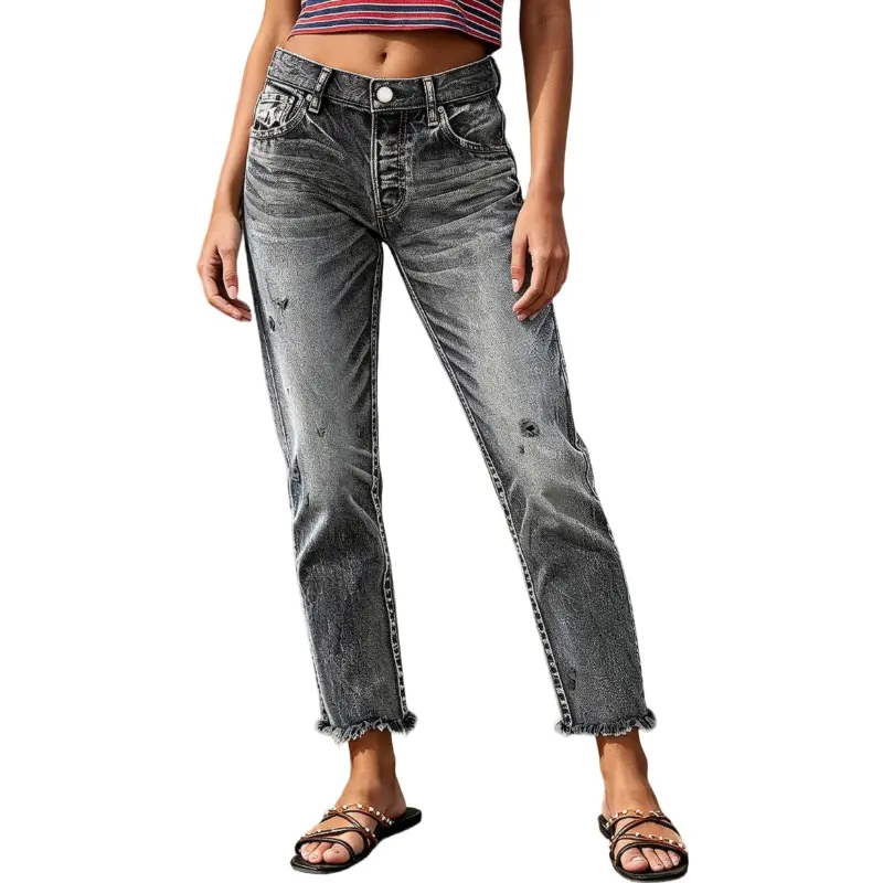Flamingals Wash Ripped Raw Hem Mid Waist Straight Leg Crop Jeans Womenswear Stretchy 25.8" Inseam