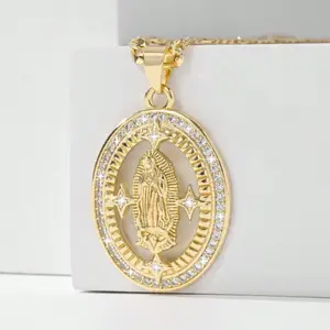 18k gold-plated necklace featuring the Guardian Angel Guadalupe and the Virgin Mary in a classic European style, suitable for everyday wear, as a gift, or for parties.