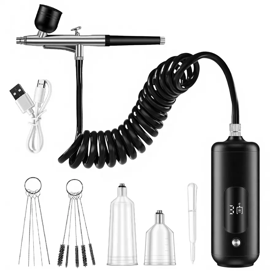 Portable Compressor Gun Kit with Extender Tube, Automatic Handheld Spray Gun, 0.3mm Nozzle, Rechargeable Airbrush Tool for Painting, Manicure, DIY, Makeup